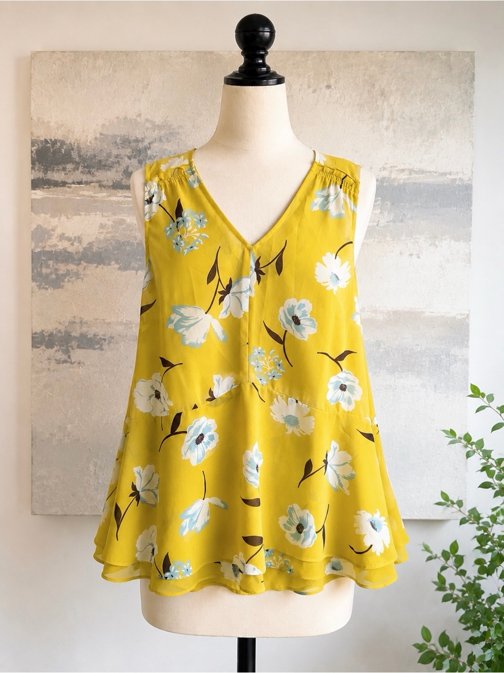 Cabi Yellow‎ Floral Sleeveless V-Neck Peplum Blouse Top Small